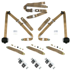 3pt Tan Retractable Seat Belts With Middle 2pt Lap Belt Kit For Bench Seat - Part Number: STBSBK3PSTNB