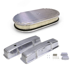 Pair of Short Finned SBC Chevy Valve Covers and 15 Inch Full Finned Air Cleaner - Part Number: VPAVCYABA151