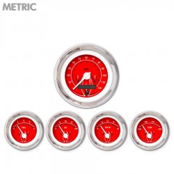 5 Gauge Set - Metric Pinstripe II Red, White Modern Needles, Chrome Trim Rings - Part Number: GAR1117ZMXQABCD