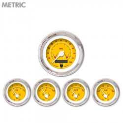 5 Gauge Set - Metric Pinstripe II Yellow, Wht Modern Needles, Chrome Trim Rings - Part Number: GAR1120ZMXQABCD
