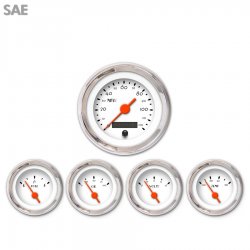 5 Gauge Set - SAE DECO XT White, Org Vintage Needles, Chrome Trim Rings - Part Number: GAR114ZEXQABAH