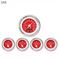 5 Gauge Set - SAE Pinstripe Red, White Vintage Needles, Chrome Trim Rings - Part Number: GAR123ZEXQABAD