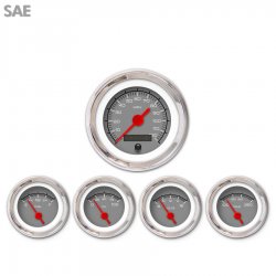 5 Gauge Set - SAE Competition Gry, Red Vintage Needles, Chrome Trim Rings - Part Number: GAR129ZEXQABAE