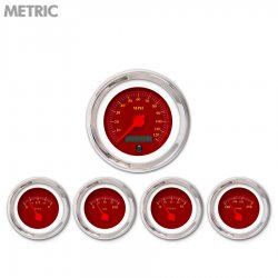 5 Gauge Set - Metric Omega Red, Red Modern Needles, Chrome Trim Rings - Part Number: GAR142ZMXQABCE
