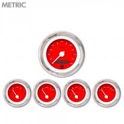 5 Gauge Set - Metric Pegged Red, White Modern Needles, Chrome Trim Rings - Part Number: GAR156ZMXQABCD