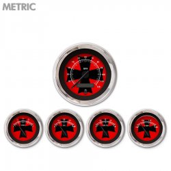 5 Gauge Set - Metric Iron Cross Red, Black Modern Needles, Chrome Trim Rings - Part Number: GAR175ZMXQABCC