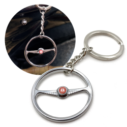 1949-55 VW Beetle Chrome Batwing Steering Wheel Keychain - Red Wolfsburg Button - Part Number: LABKCED66E