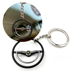 1960-63 VW Beetle Black Dished Steering Wheel Keychain - Gold Wolfsburg Button - Part Number: LABKCED661