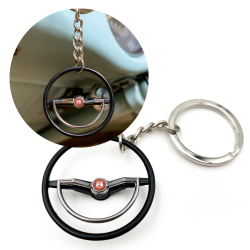 1960-63 VW Beetle Black Dished Steering Wheel Keychain - Red Wolfsburg Button - Part Number: LABKCED673