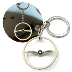 1964-65 VW Beetle Beige Dished Steering Wheel Keychain - Gold Wolfsburg Button - Part Number: LABKCED663