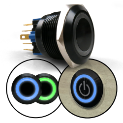 22mm Black 12V Latching Push Button Switch Blue and/or Green LED Illuminated - Part Number: AUTSWAL22BG