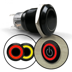 19mm Black 12V Latching Push Button Switch Red and/or Yellow LED Illuminated - Part Number: AUTSWAL19RY