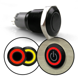 16mm Black 12V Latching Push Button Switch Red and/or Yellow LED Illuminated - Part Number: AUTSWAL16RY
