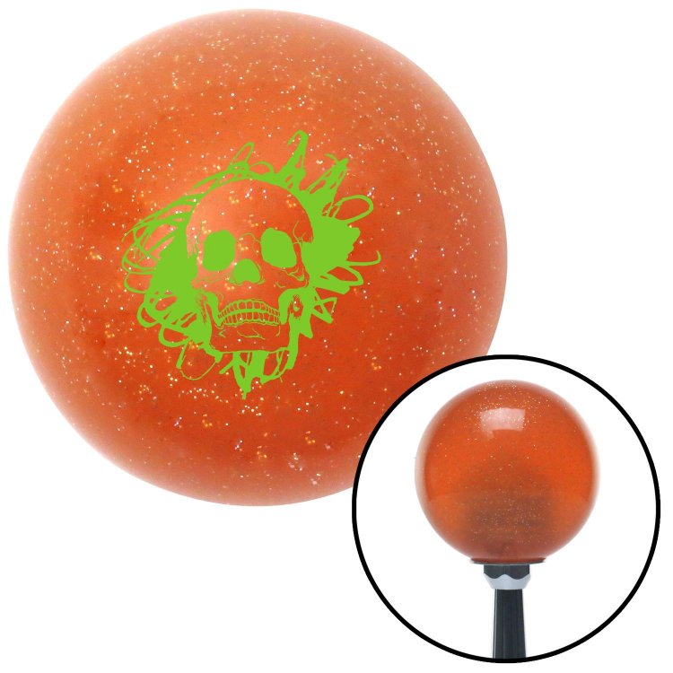 Green Skull in a Mess American Shifter 40204 Orange Metal Flake Shift Knob with 16mm x 1.5 Insert 