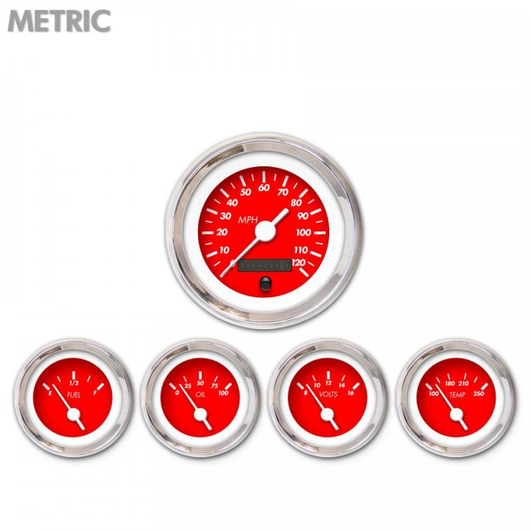 5 Gauge Set - Metric Marker Red, White Vintage Needles, Chrome Trim Rings