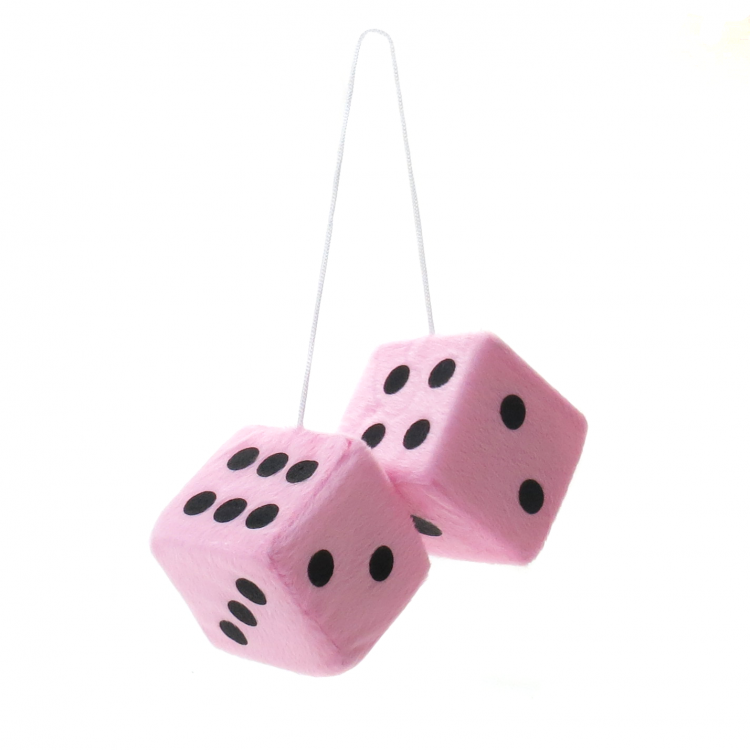 2 FUZZY DICE  1 RED 1 PINK  3" INCHES HANG ON  YOUR CAR MIRROR 