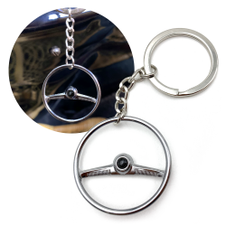 1955-59 VW Beetle Chrome Offset Batwing Steering Wheel Keychain - Black Button - Part Number: LABKCED6CB