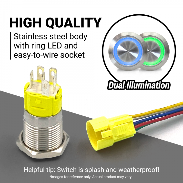 16mm Billet 12V Momentary Push Button Switch Blue and/or Green LED ...