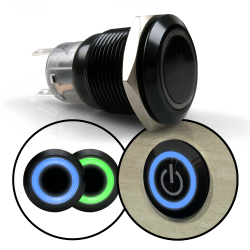 19mm Black 12V Momentary Push Button Switch Blue and/or Green LED Illuminated - Part Number: AUTSWAM19BG