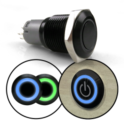 16mm Black 12V Latching Push Button Switch Blue and/or Green LED Illuminated - Part Number: AUTSWAL16BG