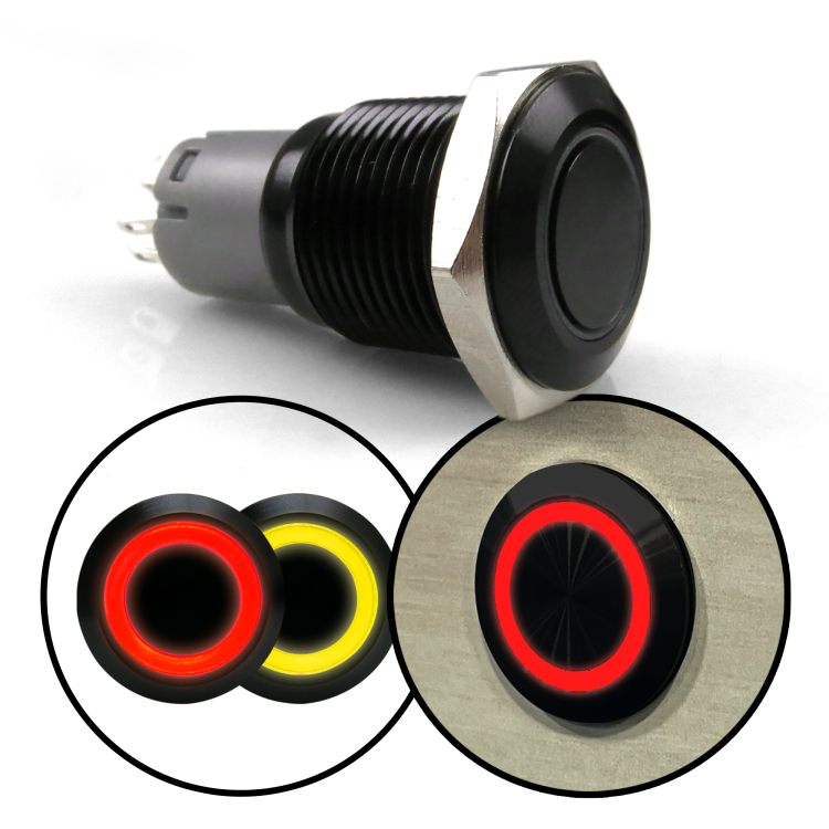 thumbnail interactive-video image 1 of 16mm Waterproof LED Metal Push Button Switch – 12V-24V – Momentary ON/OFF – 5A – Red/Green/Blue/Yellow/White LED 1 of 2