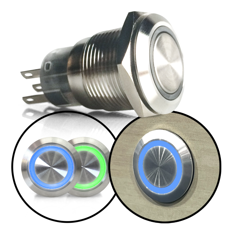 Green LED Stainless Steel Momentary Push Button Start Switch - 16mm For Boat/Car/Horn
